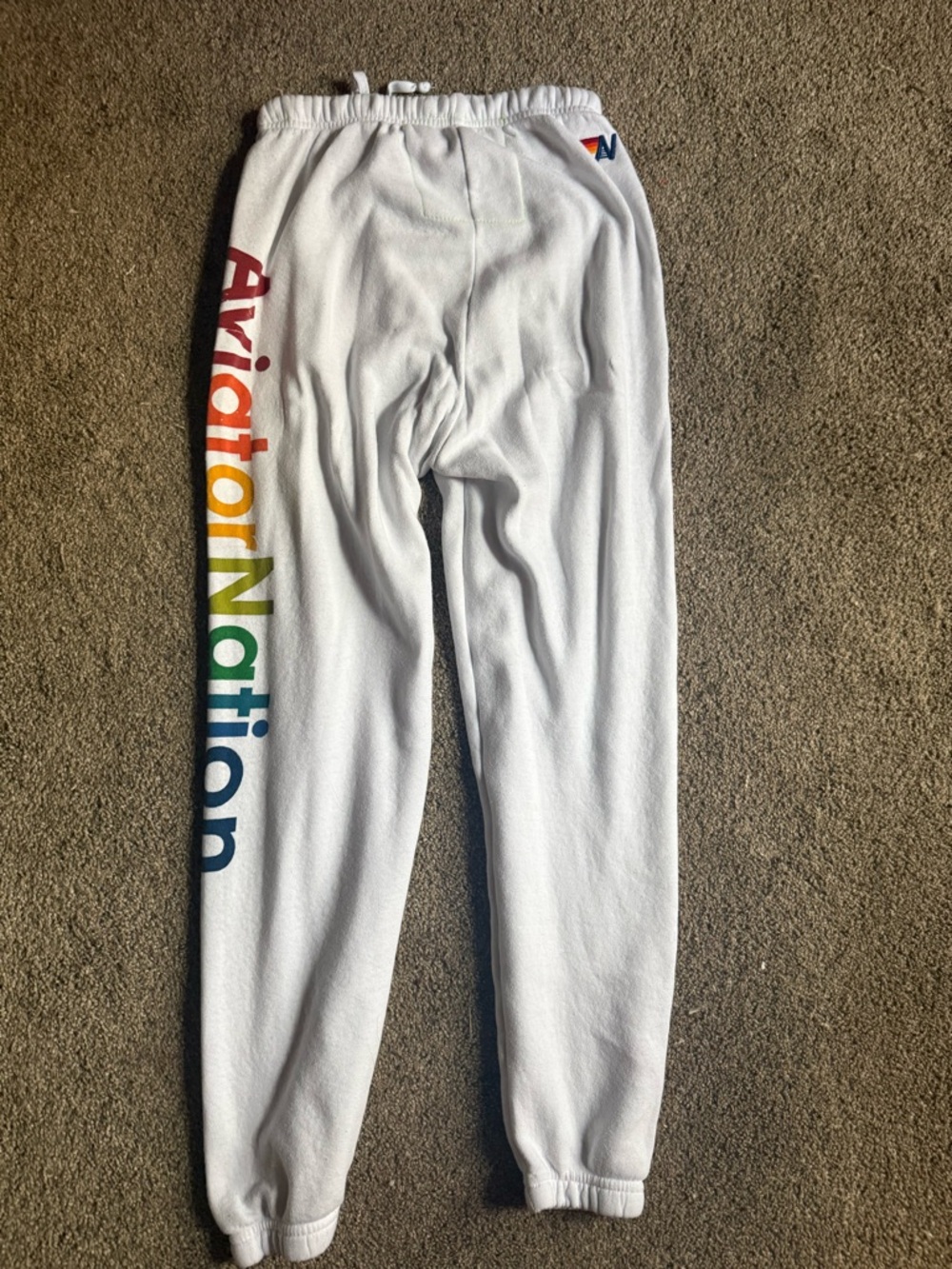 Aviator Nation White Joggers with Rainbow Vertical Logo